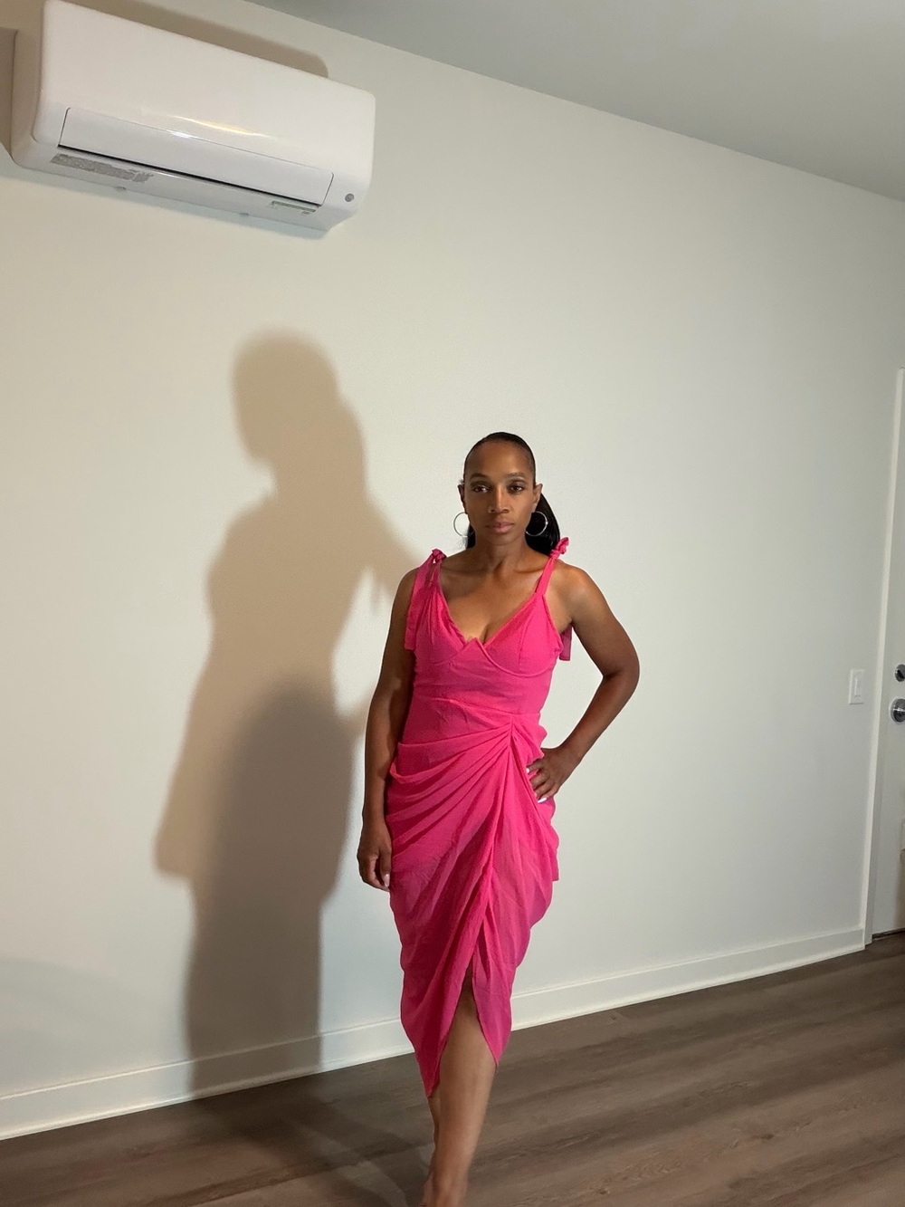 PrettyLittleThing Hot Pink Ruched V-Neck Midi Dress